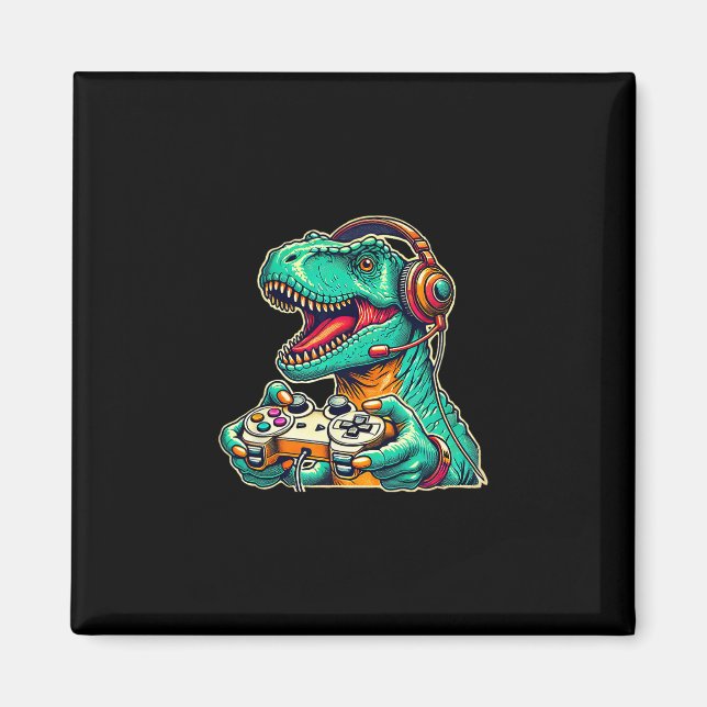 Imã T-rex Jogando Com Headset Dinossauro Engraçado Grá (Frente)