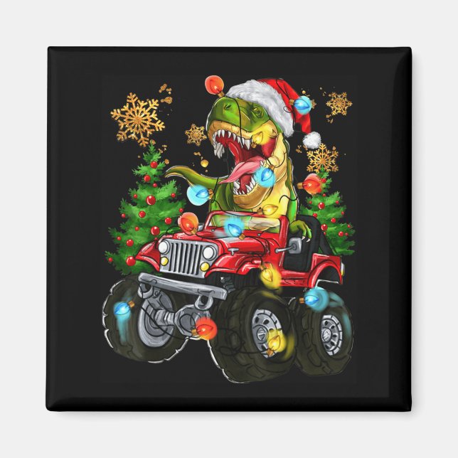 Imã T-rex Santa In Monster Truck With Christmas Trees  (Frente)