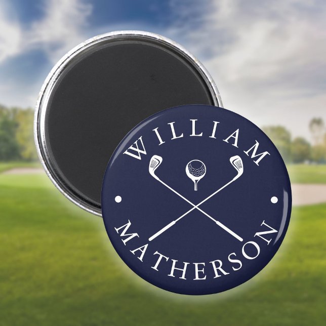 Imã Tacos de golfe de nome personalizado azul marinho  (Custom Name Golf Clubs Navy Blue And White Magnet)