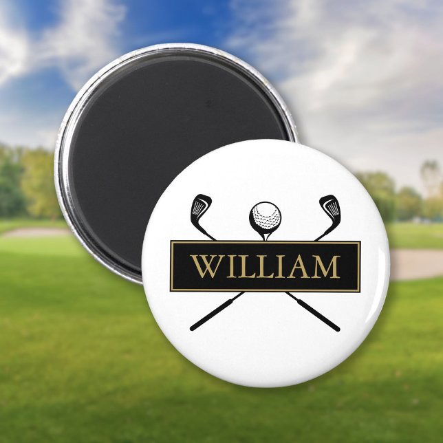Imã Tacos de golfe personalizados com nome em preto e  (Black And Gold Personalized Name Golf Ball Clubs Magnet)