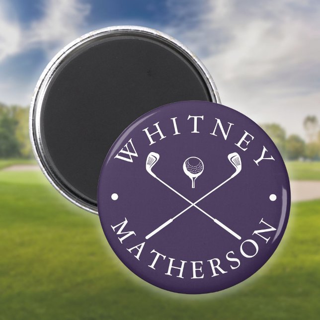 Imã Tacos de golfe personalizados modernos roxo e bran (Modern Custom Name Golf Clubs Purple And White Magnet)