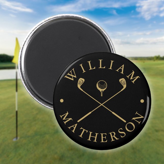 Imã Tacos de golfe personalizados preto e dourado (Simple Custom Name Golf Clubs Black And Gold Magnet)