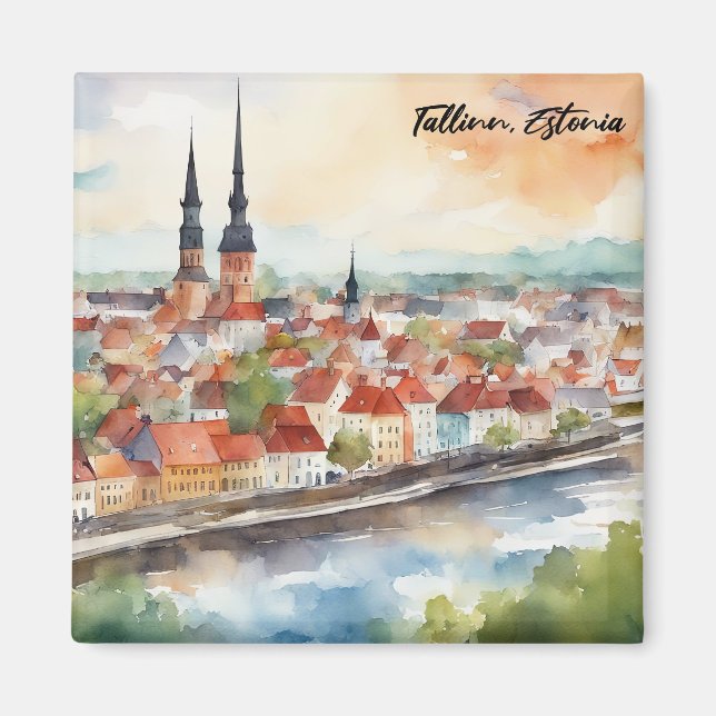 Imã Tallinn Estonia Watercolor Painting City View (Frente)