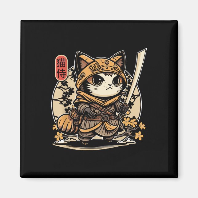 Imã Tatuagem de Gato Samurai Japonês, Kawaii Ninja Cat (Frente)