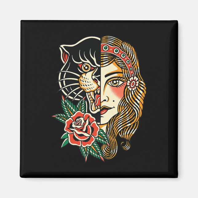 Imã Tatuagem Tradicional Americana de Pantera Cigana V (Frente)