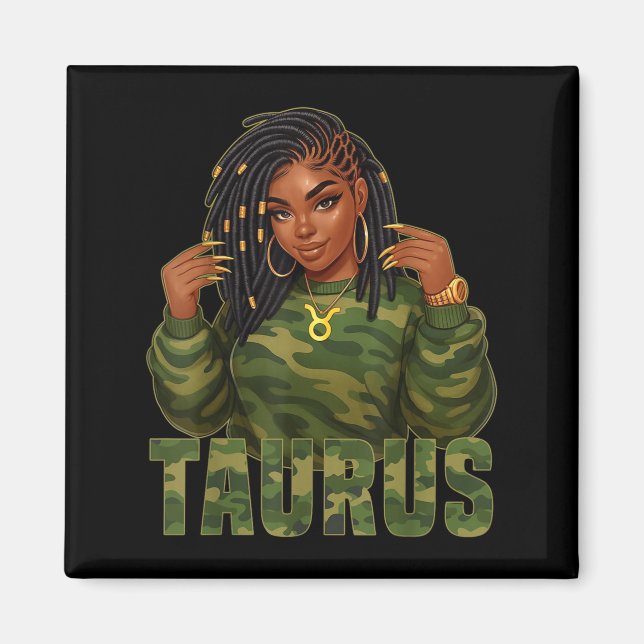 Imã Taurus Queen Lock Black Woman Camo Sinal Zodiac (Frente)