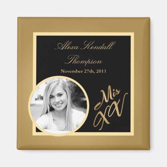 Imã {TBA} 2"x2" Mis XV Imagem Dourada de Anúncio (Frente)