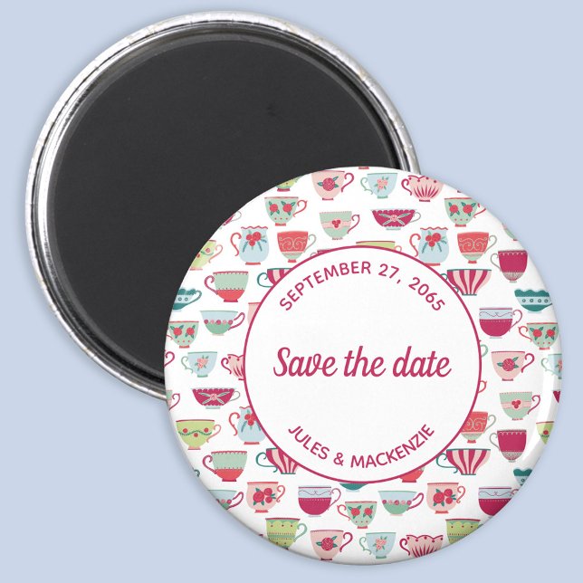 Imã Tea Cups Moderno Vintage Salvar Data (Retro vintage tea cup save the date wedding magnet)