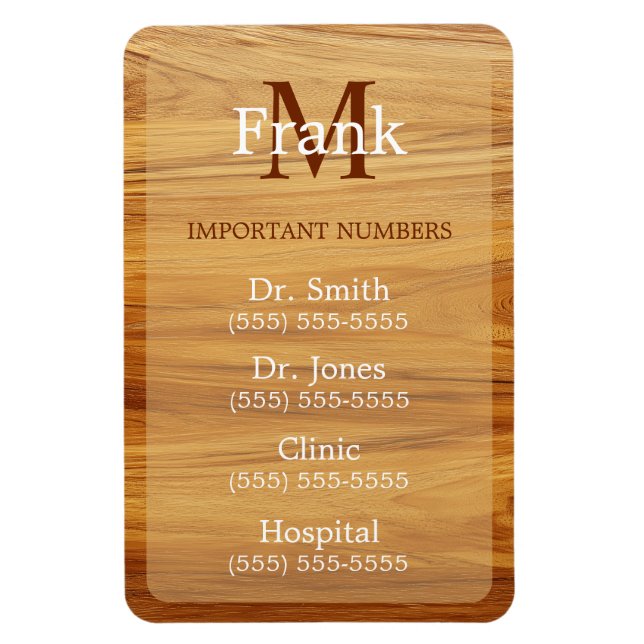 Ímã Teak Wood Look Important Phone Numbers (Vertical)