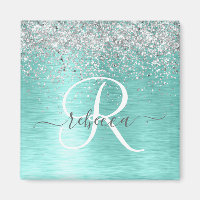 Teal Brugado Metal Silver Glitter Nome Monograma