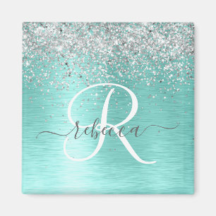 Imã Teal Brugado Metal Silver Glitter Nome Monograma