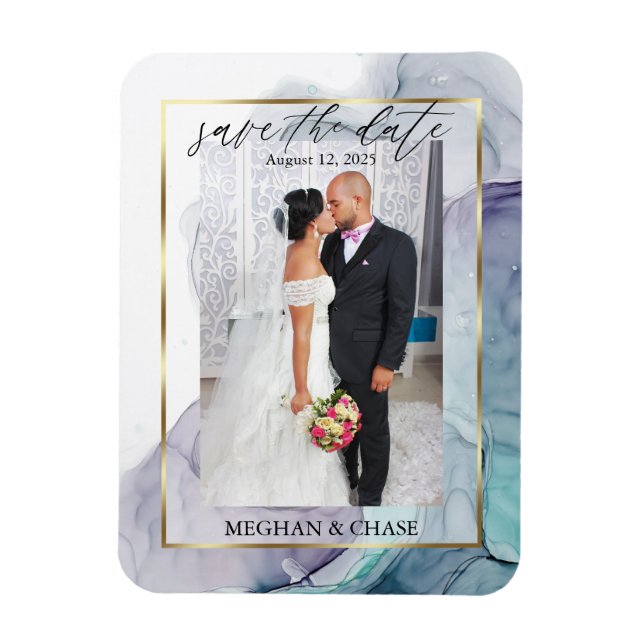 Ímã Teal Elegante e Foto Roxa Salvar a Data (Vertical)