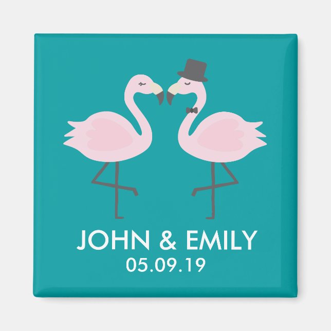 Imã Teal Flamingo Wedding Bride & Groom Pair Magnet (Frente)