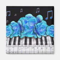 Teclado Piano de Rosas Azuis e Notas de Música