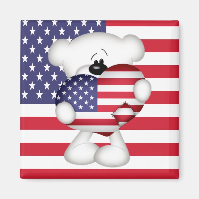 Imã Teddy Bear e Big USA Flag Heart (Frente)