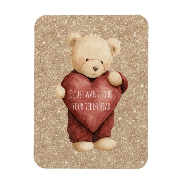 Ímã Teddy Bear Red Heart Gold Glitter (Vertical)
