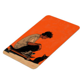 Ímã Teenager sitting on skateboard and next to his cat