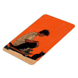 Ímã Teenager sitting on skateboard and next to his cat