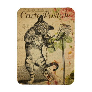 Ímã Tema de Cat. Vintage Carte Postale Gato e Fiddle