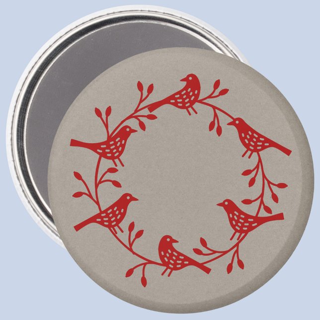 Imã Terra de Aves e Ímã de Rotas (Red Scandinavian bird wreath festive magnet)