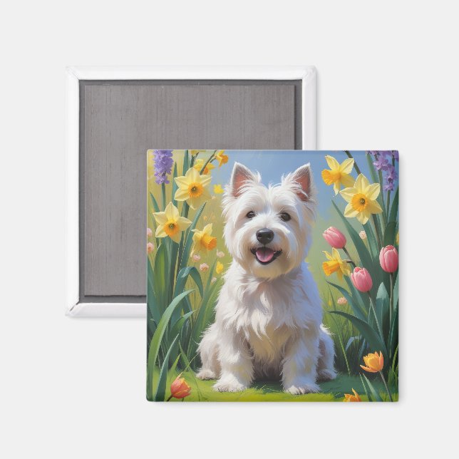 Imã Terrier Branco do West Highland Flores da Primaver (Front/Back)