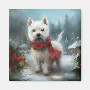Imã Terrier Branco do West Highland na Neve Natal