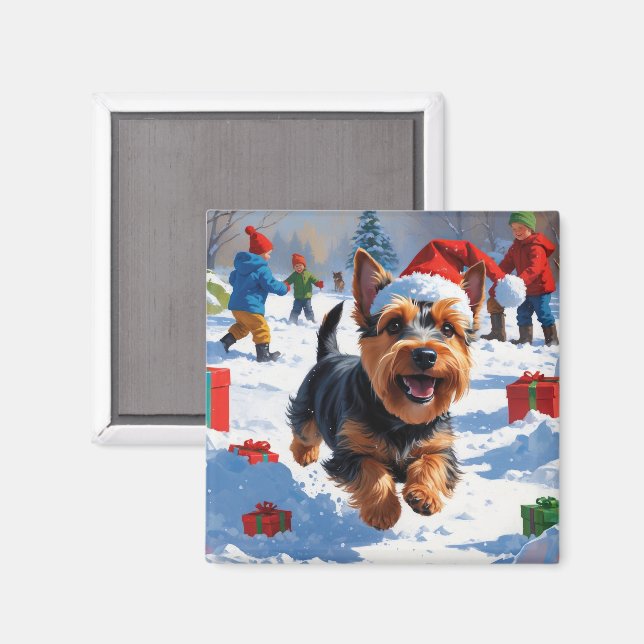 Imã Terrier escocês correndo neve com chapéu de Natal (Front/Back)