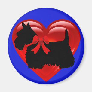 Imã Terrier Escocês preto/branco coração/laço vermelho