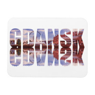 Ímã Texto de Gdansk com vista de cidade antiga e refle