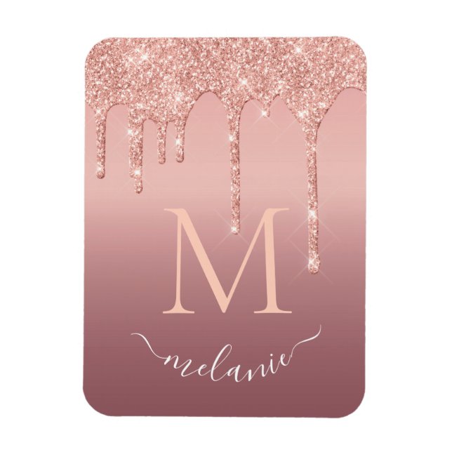 Ímã Texto de Nome Monograma Rosa Dourado Brilho Glitte (Vertical)