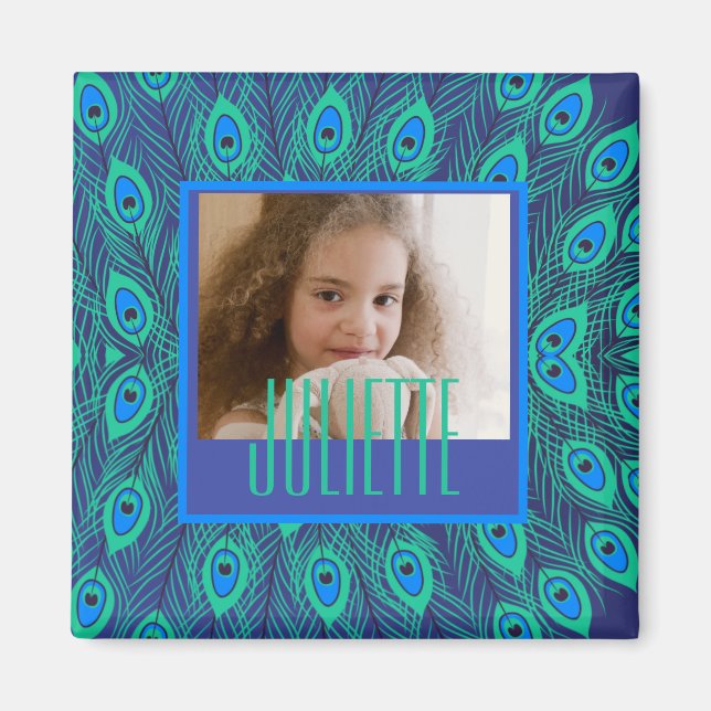 Imã Texto e Foto Personalizadas do Pavão Teal e Azul (Frente)