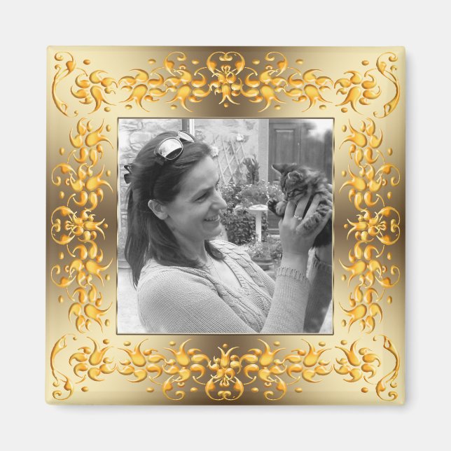 Imã texto retro - quadro de ouro barroco floral. (Frente)