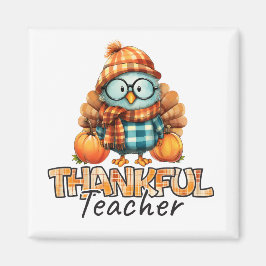 Imã Thankful Teacher Autumn Owl with Pumpkins & Plaid