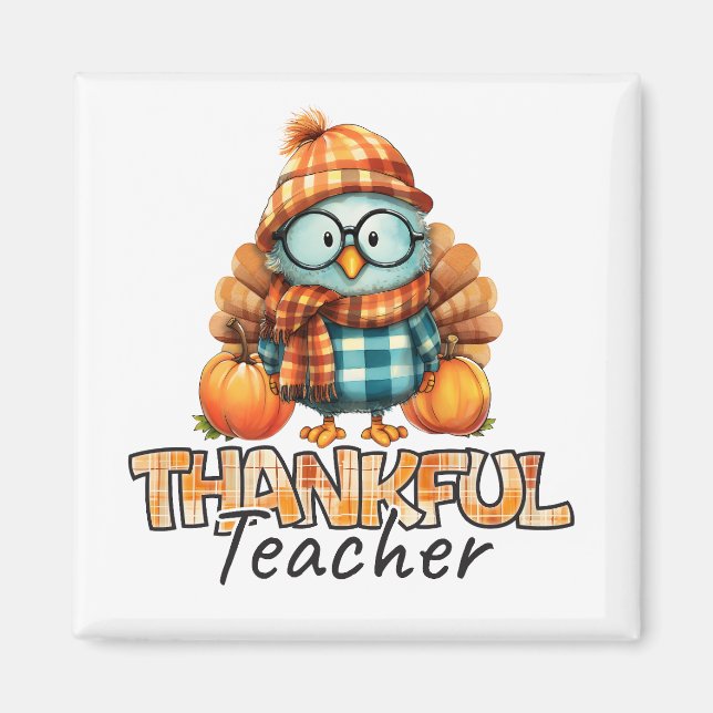 Imã Thankful Teacher  Autumn Owl with Pumpkins & Plaid (Frente)