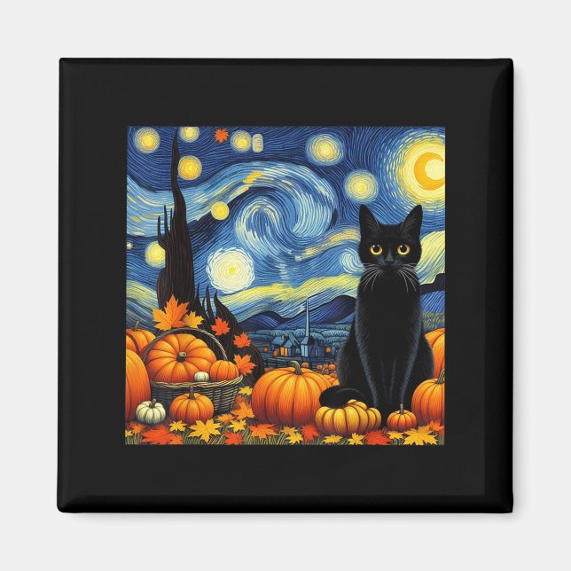 Imã Thanksgiving Van Gogh Starry Night Black Cat Pumpk (Frente)
