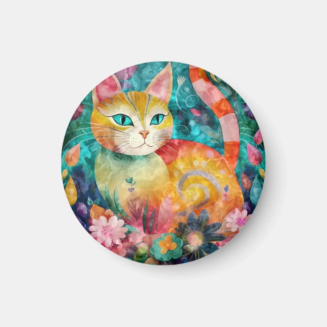 Imã The Cat with Striking Green Eyes in Flower Garden (Frente)