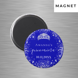Imã Tiara de glitter prata azul real Quinceanera nome