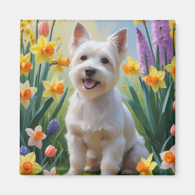 Imã Tibetan Terrier Cachorro Pintura Flores da Primave (Frente)