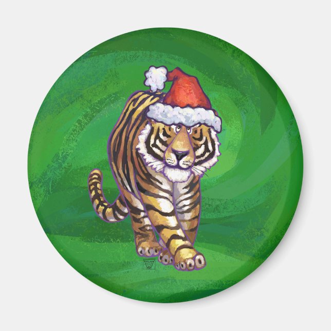 Imã Tiger Christmas On Green (Frente)