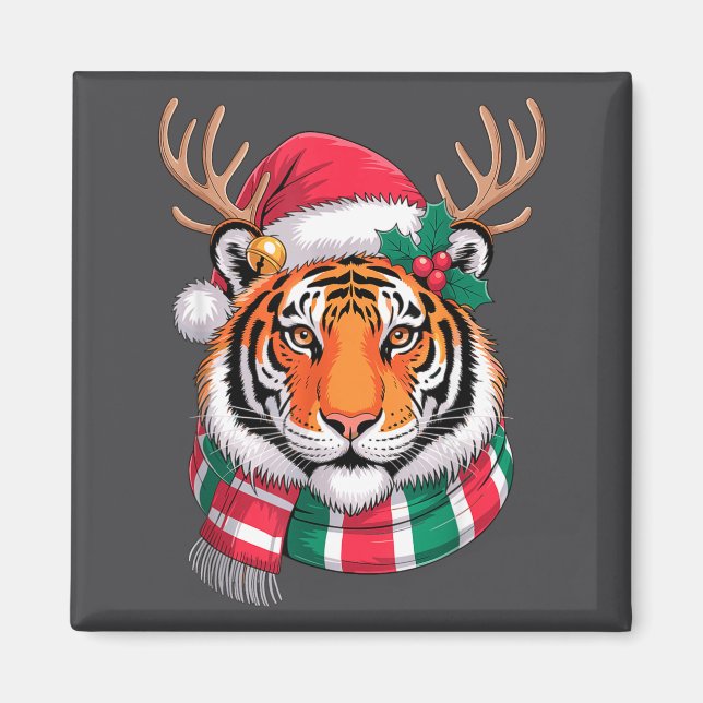 Imã Tiger Reindeer Christmas Santa Hat Tiger Xmas  (Frente)