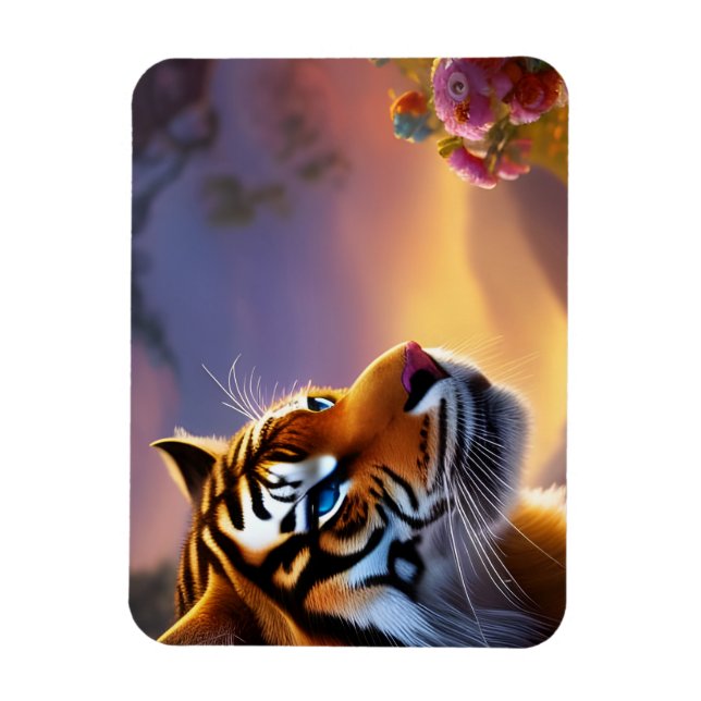 Ímã Tigre de Olhos Azuis e Flores Rosas (Vertical)