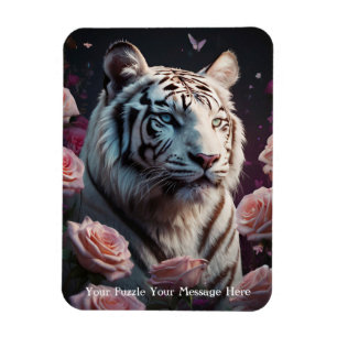 Ímã Tigre sentado em um jardim de rosas rosa