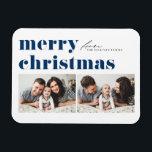 Ímã Tipografia Retro Azul Feliz Natal Dois Foto<br><div class="desc">Celebre o espírito de Natal com nosso ímã de Natal fotográfico personalizável! Perfeito para capturar os seus momentos festivos favoritos, este ímã permite-vos criar uma vigilância única que mostra a alegria e o amor da vossa família durante a época de férias. Apresenta tipografia retrógrada. Personalize adicionando seus detalhes. Este ímã...</div>