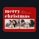 Ímã Tipografia Retro Vermelha Feliz Natal Dois Foto<br><div class="desc">Feliz Natal! Traga um pouco de alegria de férias para sua casa com nosso Magnet de Natal personalizável! Perfeito para mostrar memórias queridas, este ímã permite que você personalize com sua foto festiva favorita, fazer uma adição única ao seu decoro de férias. Apresenta tipografia retrógrada. Personalize adicionando um cartões de...</div>