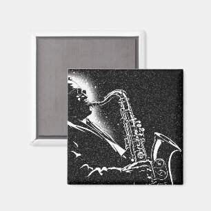 Imã Toca Saxofone no Estilo Gráfico BW dos Anos 50