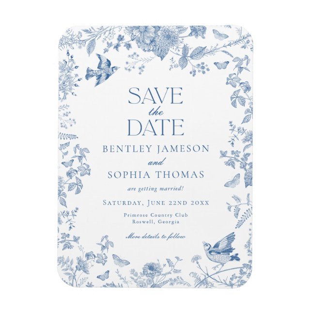 Ímã Toile De Jouy Azul Floral Francês Salve a Data (Vertical)