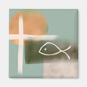Imã Tons terrosos cruz e arte minimalista de peixe