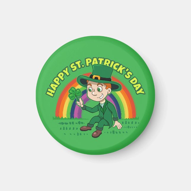 Imã Toon leprechaun bonito com shamrock e arco-íris (Frente)