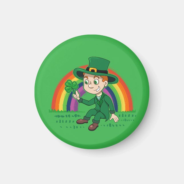 Imã Toon leprechaun bonito com shamrock e arco-íris (Frente)