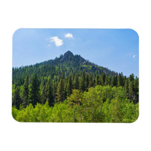 Ímã topo montanhoso rochoso e bosques no portão dourad
